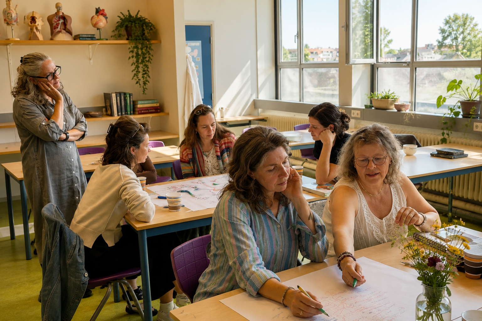 Studenten en docent in gesprek in een licht leslokaal vol planten